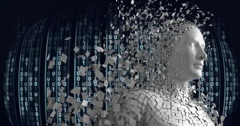 Composition of exploding human bust formed with white particles and binary Stockillustratie