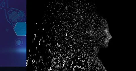 Composition of exploding human bust formed with binary coding and dna strand 스톡 일러스트