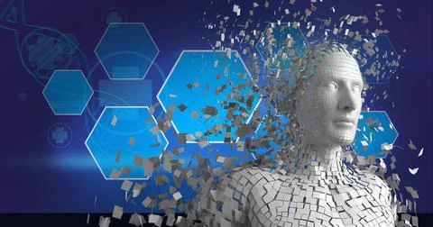 Composition of exploding human bust formed with white particles and dna strand 스톡 일러스트
