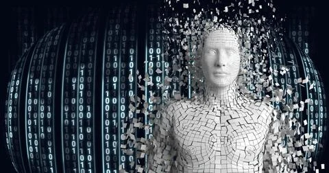Composition of exploding human bust formed with white particles and binary イラスト素材