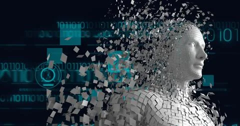 Composition of exploding human bust formed with white particles, digital Stock Illustration