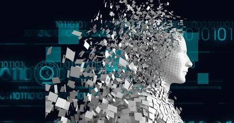 Composition of exploding human bust formed with white particles, digital Stock Illustration