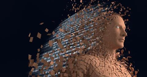 Composition of exploding human bust formed with orange particles and binary イラスト素材