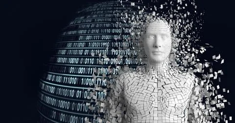 Composition of exploding human bust formed with white particles and binary Stock Illustration