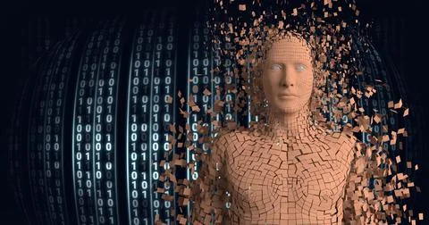 Composition of exploding human bust formed with orange particles and binary Stock Illustration