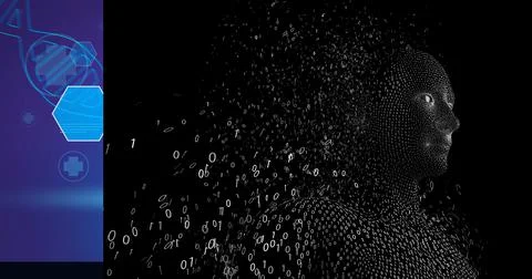 Composition of exploding human bust formed with binary coding and dna strand 스톡 일러스트