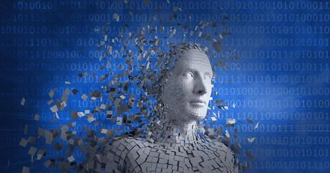 Composition of exploding human bust formed with particles over binary coding Stock Illustration