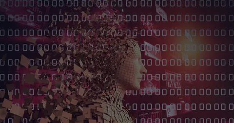 Composition of exploding human bust formed with particles over binary coding 스톡 일러스트