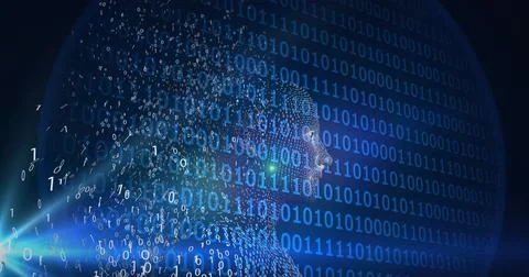 Composition of exploding human bust formed with particles over binary coding イラスト素材