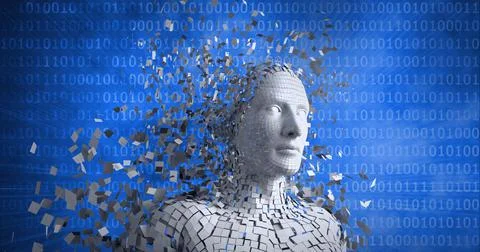 Composition of exploding human bust formed with particles over binary coding イラスト素材