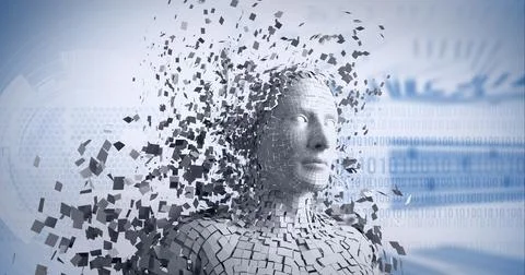 Composition of exploding human bust formed with particles over binary coding イラスト素材