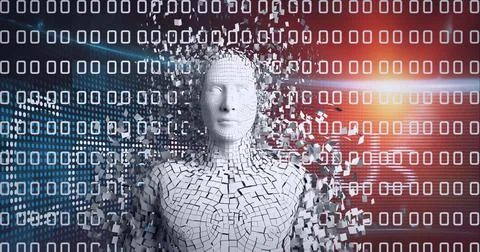 Composition of exploding human bust formed with particles over binary coding 스톡 일러스트