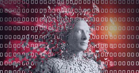 Composition of exploding human bust formed with particles over binary coding 스톡 일러스트