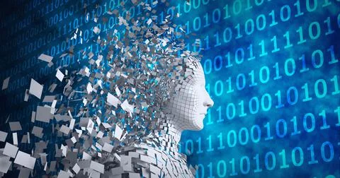 Composition of exploding human bust formed with particles over binary coding Stock Illustration