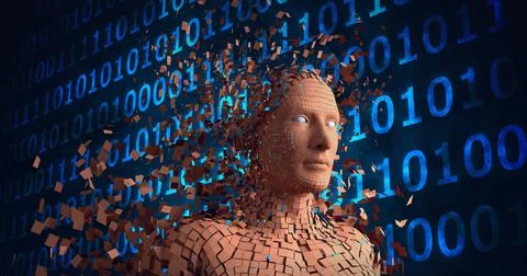 Composition of exploding human bust formed with particles over binary coding Stock Illustration