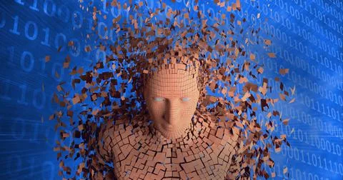 Composition of exploding human bust formed with particles over binary coding Stock Illustration