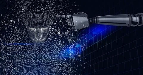 Composition of exploding human bust formed with binary coding and robot's arm 库存插图