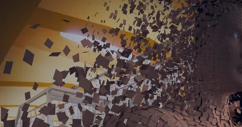 Composition of exploding human bust formed with grey particles on orange 스톡 일러스트