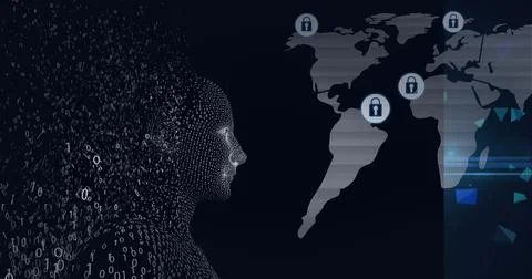 Composition of exploding human bust formed with binary coding and online Stock Illustration