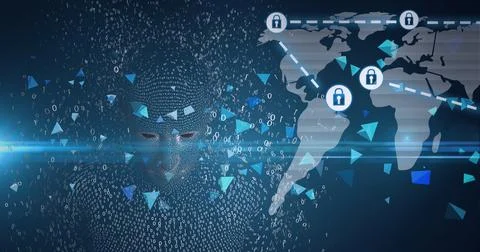 Composition of exploding human bust formed with binary coding and online Stock Illustration