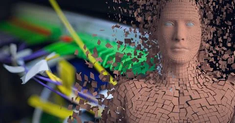 Composition of exploding human bust formed with particles and computer server Illustrazione stock