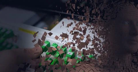 Composition of exploding human bust formed with particles and computer server 스톡 일러스트