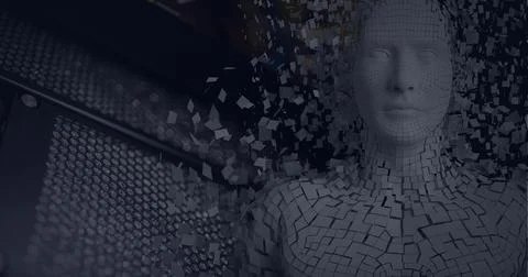 Composition of exploding human bust formed with particles and binary coding Illustrazione stock