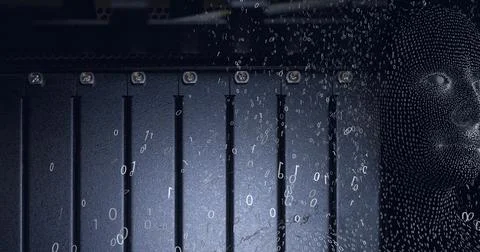 Composition of exploding human bust formed with binary coding and computer Illustrazione stock