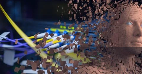 Composition of exploding human bust formed with particles and computer server イラスト素材