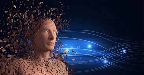 Composition of exploding human bust formed with particles over glowing light Stock Illustration