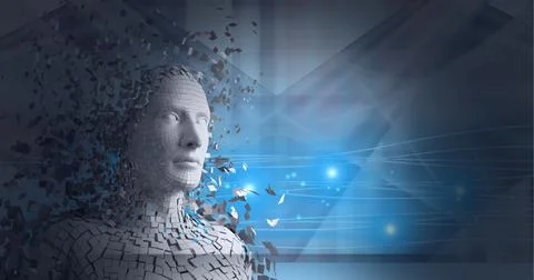 Composition of exploding human bust formed with particles over glowing light Illustrazione stock