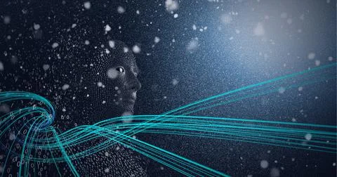 Composition of exploding human bust formed with binary coding over light trails Illustrazione stock