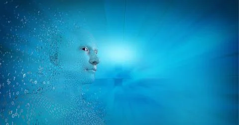 Composition of exploding human bust formed with binary coding over light trails Stock Illustration