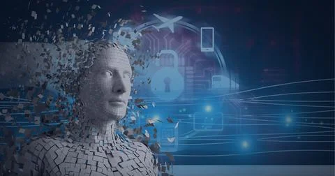 Composition of exploding human bust formed with particles over online icons and Stock Illustration