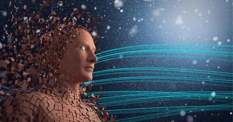 Composition of exploding human bust formed with particles over glowing light Stock Illustration