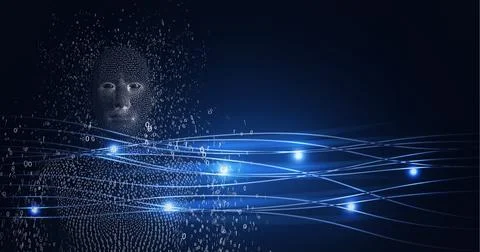 Composition of exploding human bust formed with binary coding over light trails Illustrazione stock