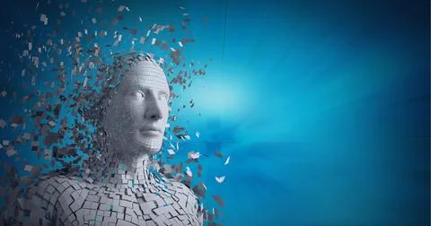 Composition of exploding human bust formed with particles over glowing blue Stock Illustration