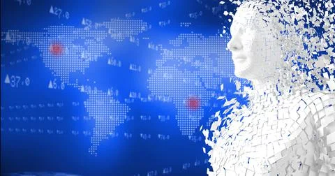 Composition of exploding human bust formed with particles over world map 스톡 일러스트