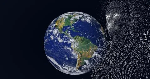 Composition of exploding human bust formed with binary coding over globe 스톡 일러스트