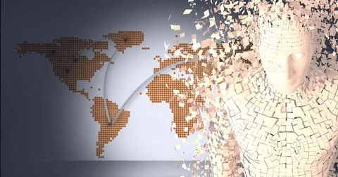 Composition of exploding human bust formed with particles over world map イラスト素材
