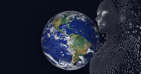 Composition of exploding human bust formed with binary coding over globe 스톡 일러스트
