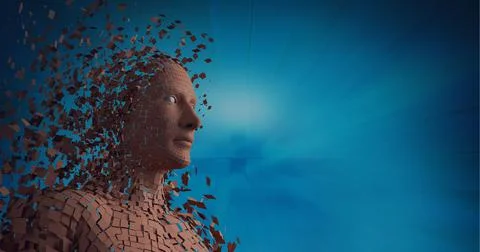 Composition of exploding human bust formed with particles over glowing light Stock Illustration