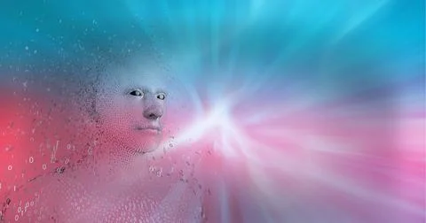 Composition of exploding human bust formed with binary coding over light trails Stock Illustration