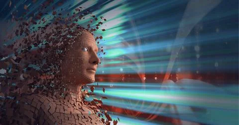 Composition of exploding human bust formed with particles over glowing light 스톡 일러스트
