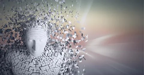 Composition of exploding human bust formed with particles over glowing light Stock Illustration