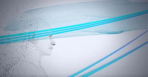 Composition of exploding human bust formed with binary coding over light trails Stock Illustration