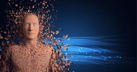 Composition of exploding human bust formed with particles over glowing blue イラスト素材