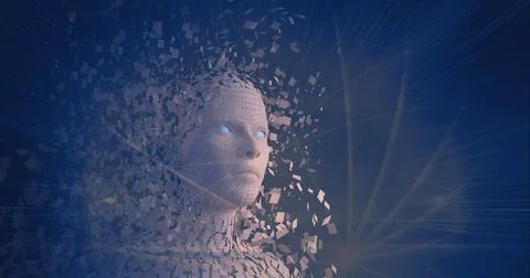 Composition of exploding human bust formed with particles over network of 스톡 일러스트