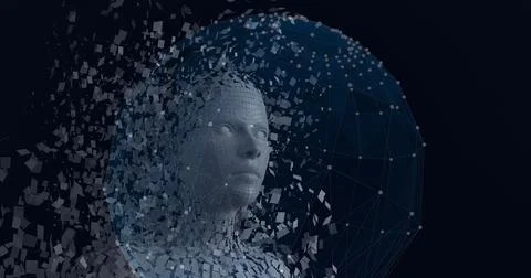 Composition of exploding human bust formed with particles over globe of network 스톡 일러스트