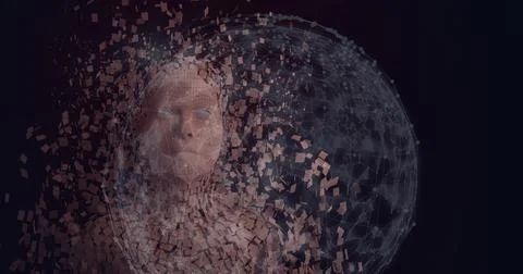 Composition of exploding human bust formed with particles over globe of network Stock Illustration